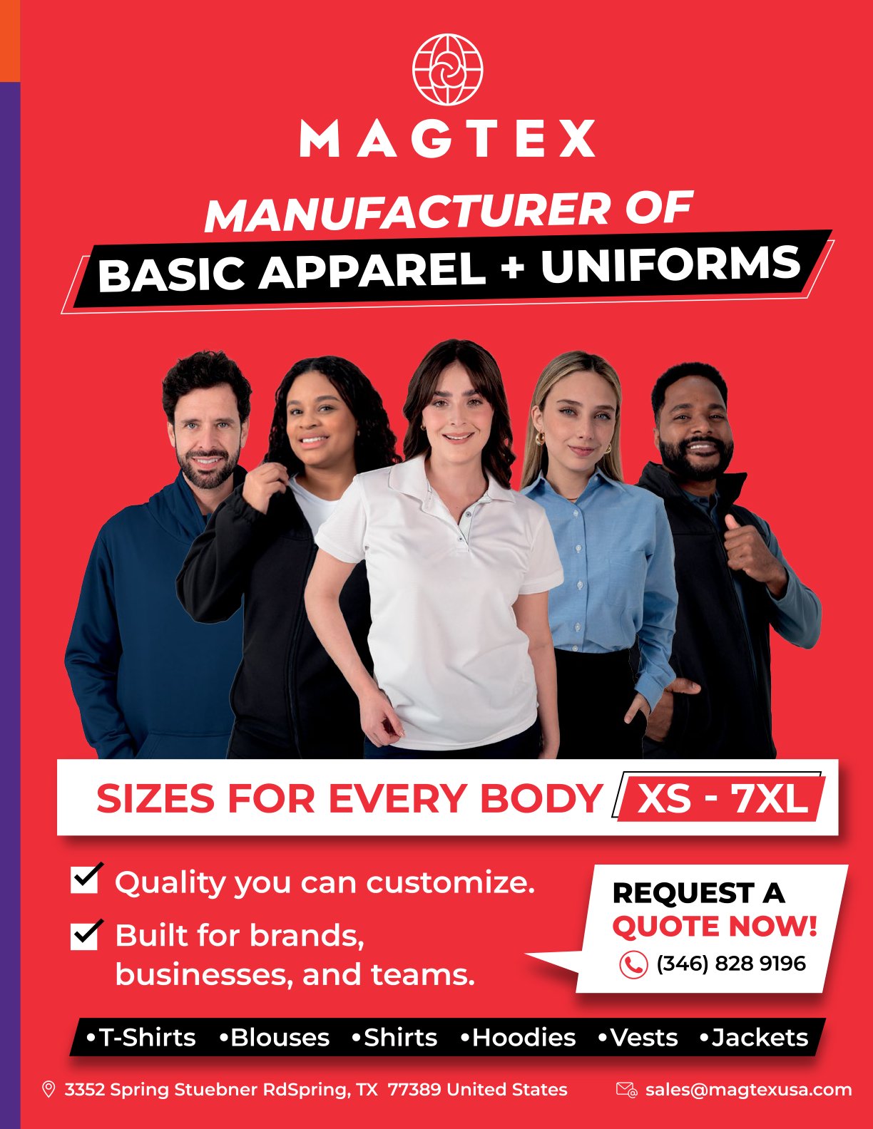 MagTex: manufacturer of basic apparel and uniforms, sizes XS to 7XL
